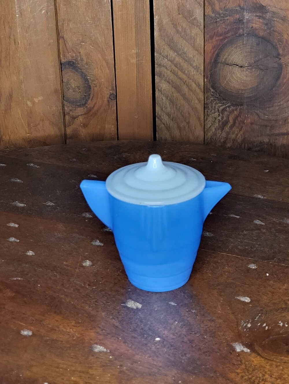 Akro Agate Blue with white top slag glass mini pitcher